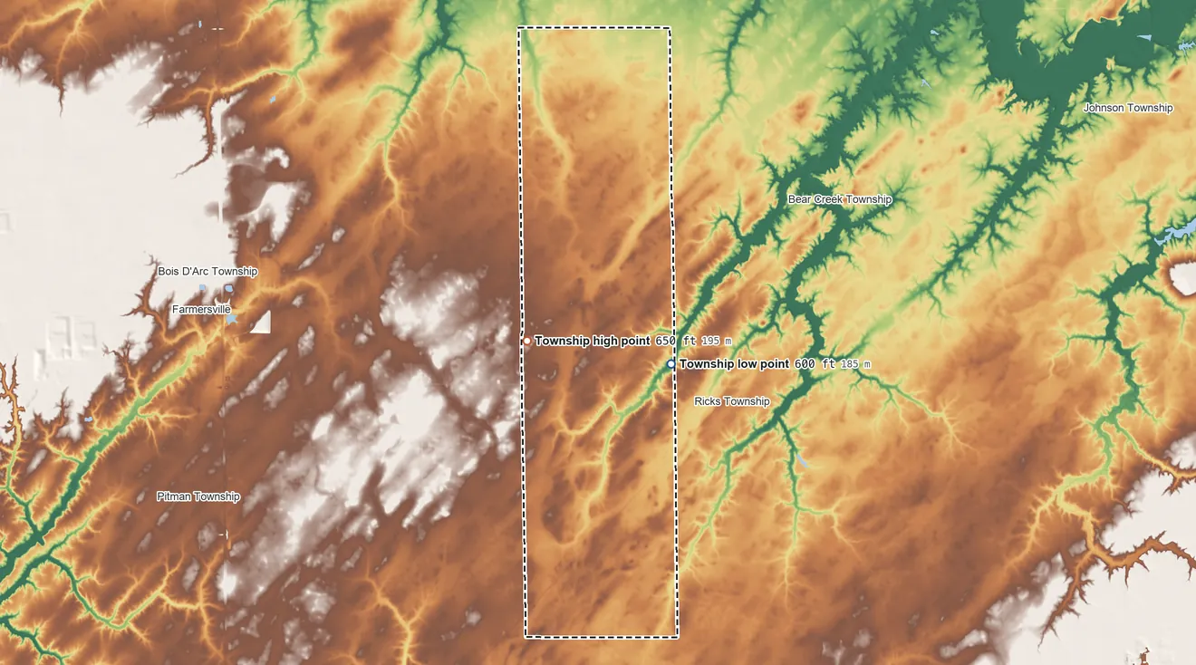 Topographic elevation map of King Township, Illinois, shaded from 600 ft on the northeast side to 650 ft on the northwest side