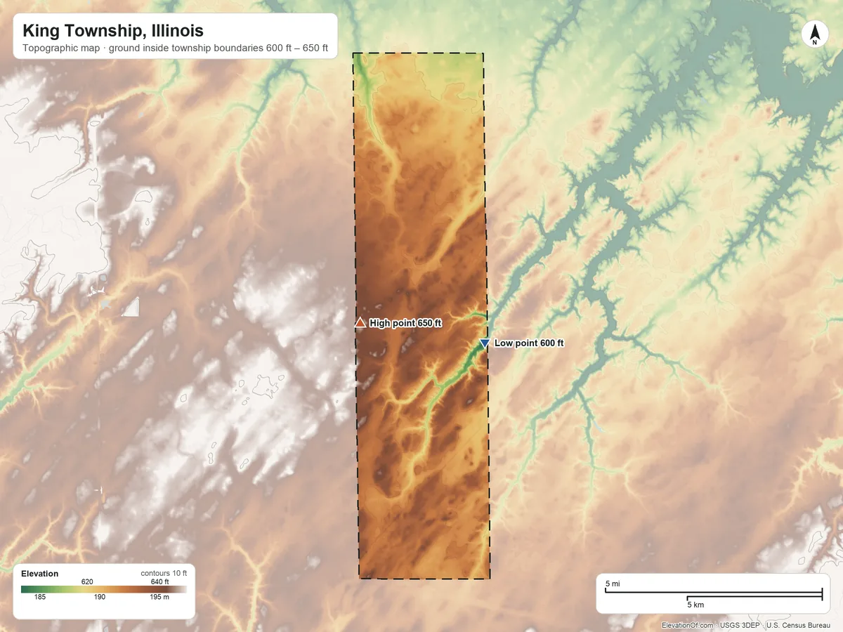 Topographic elevation map of King Township, Illinois, shaded from 600 ft on the northeast side to 650 ft on the northwest side