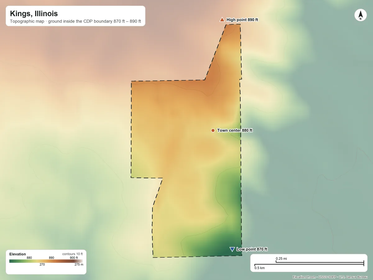Topographic elevation map of Kings, Illinois, shaded from 870 ft on the south side to 890 ft on the north side