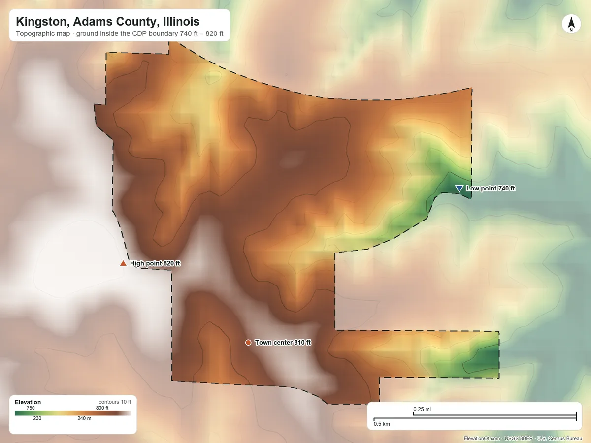 Topographic elevation map of Kingston, Adams County, Illinois, shaded from 740 ft on the northeast side to 820 ft on the northwest side