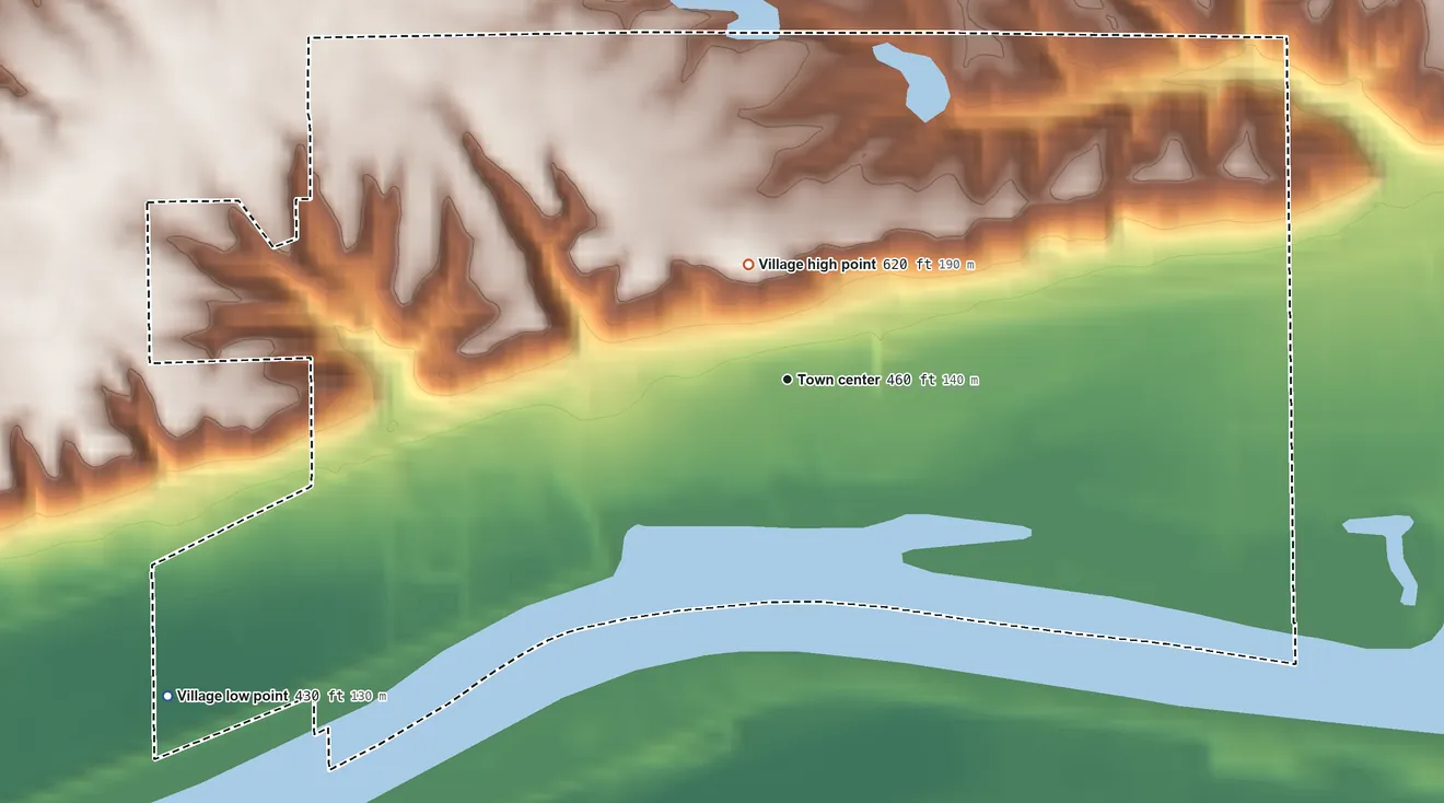 Topographic elevation map of Kingston Mines, Illinois, shaded from 430 ft on the southwest side to 620 ft near the middle
