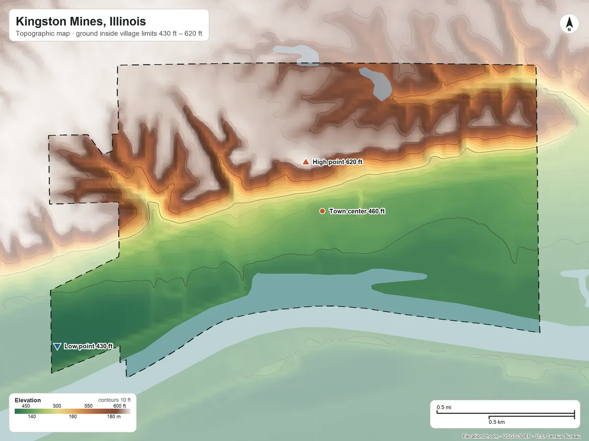 Topographic elevation map of Kingston Mines, Illinois, shaded from 430 ft on the southwest side to 620 ft near the middle