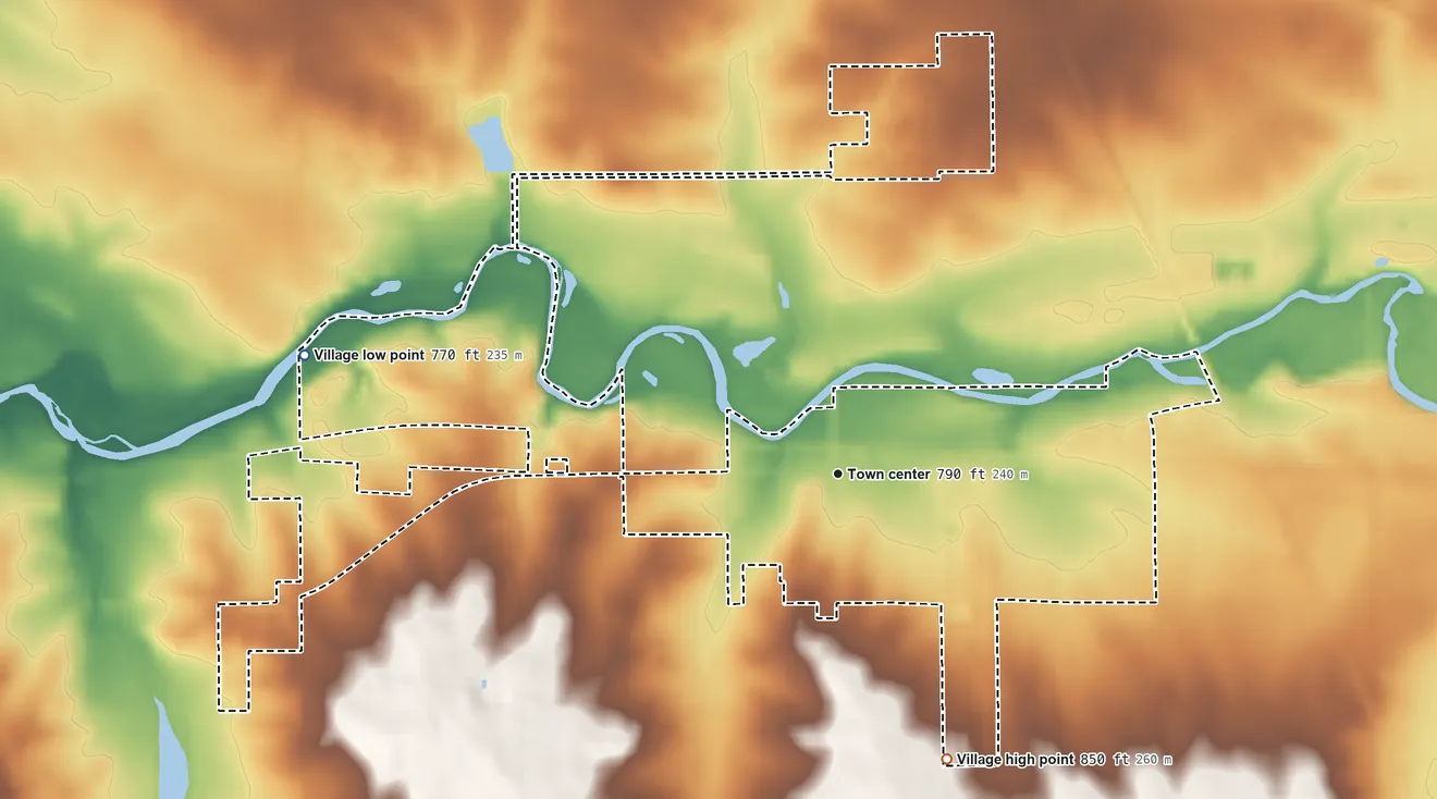 Topographic elevation map of Kingston, Illinois, shaded from 770 ft on the west side to 850 ft on the south side