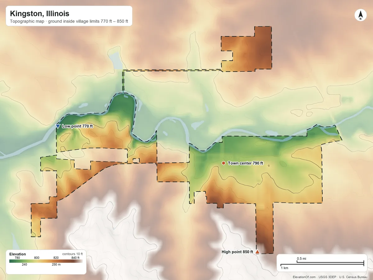 Topographic elevation map of Kingston, Illinois, shaded from 770 ft on the west side to 850 ft on the south side