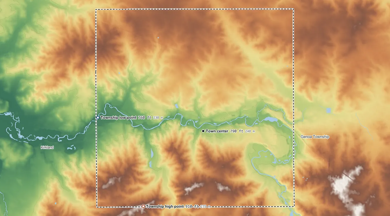 Topographic elevation map of Kingston Township, Illinois, shaded from 760 ft on the west side to 910 ft on the southwest side