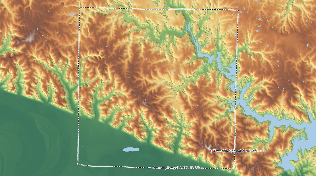 Topographic elevation map of Kinkaid Township, Illinois, shaded from 350 ft on the south side to 780 ft on the southeast side