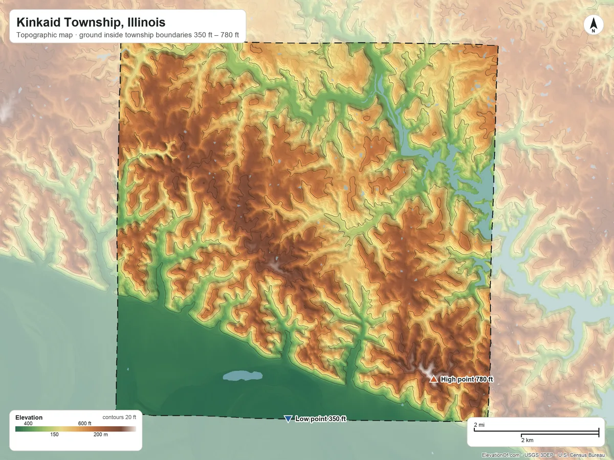 Topographic elevation map of Kinkaid Township, Illinois, shaded from 350 ft on the south side to 780 ft on the southeast side