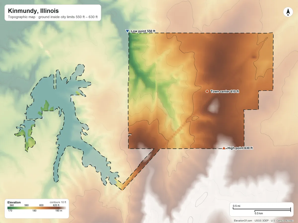 Topographic elevation map of Kinmundy, Illinois, shaded from 550 ft on the northwest side to 630 ft on the south side