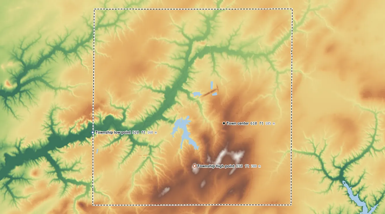 Topographic elevation map of Kinmundy Township, Illinois, shaded from 520 ft on the west side to 650 ft on the southwest side