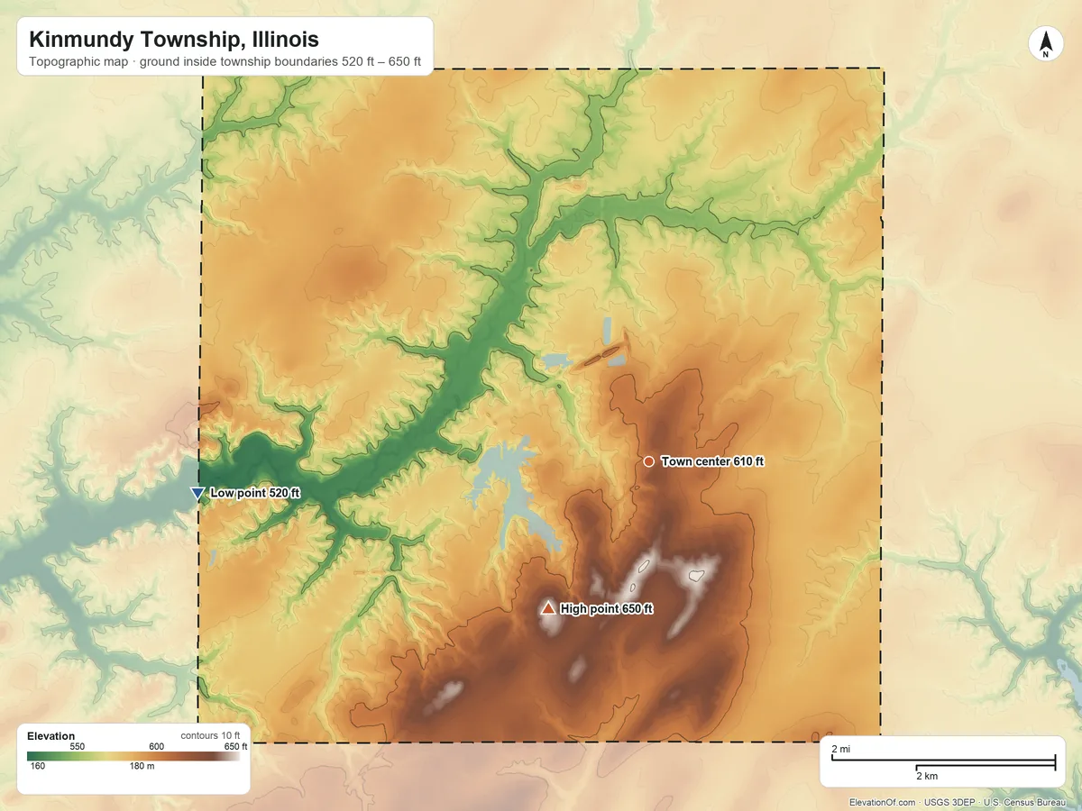 Topographic elevation map of Kinmundy Township, Illinois, shaded from 520 ft on the west side to 650 ft on the southwest side