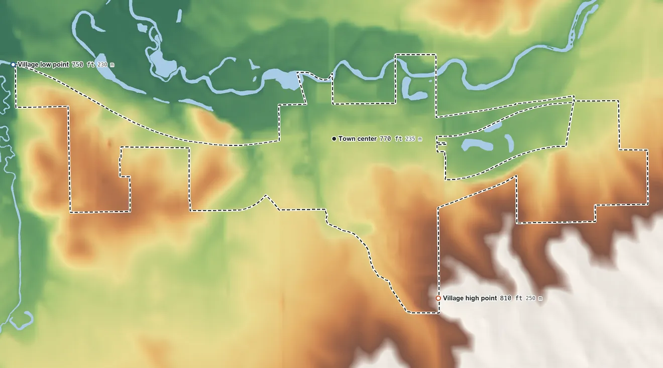 Topographic elevation map of Kirkland, Illinois, shaded from 750 ft on the west side to 810 ft on the southeast side