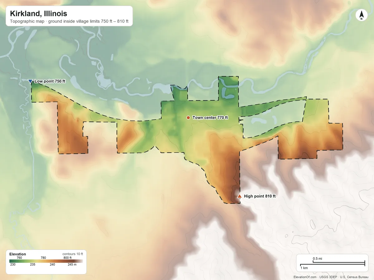 Topographic elevation map of Kirkland, Illinois, shaded from 750 ft on the west side to 810 ft on the southeast side