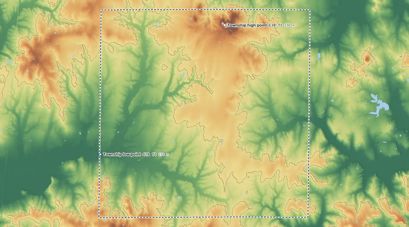 Topographic elevation map of Knight Prairie Township, Illinois, shaded from 420 ft on the west side to 630 ft on the north side