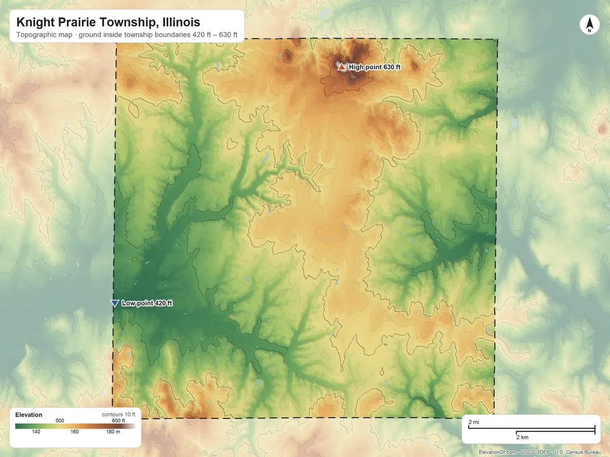 Topographic elevation map of Knight Prairie Township, Illinois, shaded from 420 ft on the west side to 630 ft on the north side