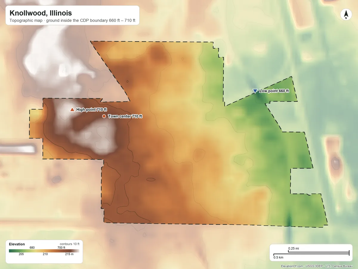 Topographic elevation map of Knollwood, Illinois, shaded from 660 ft on the east side to 710 ft near the middle