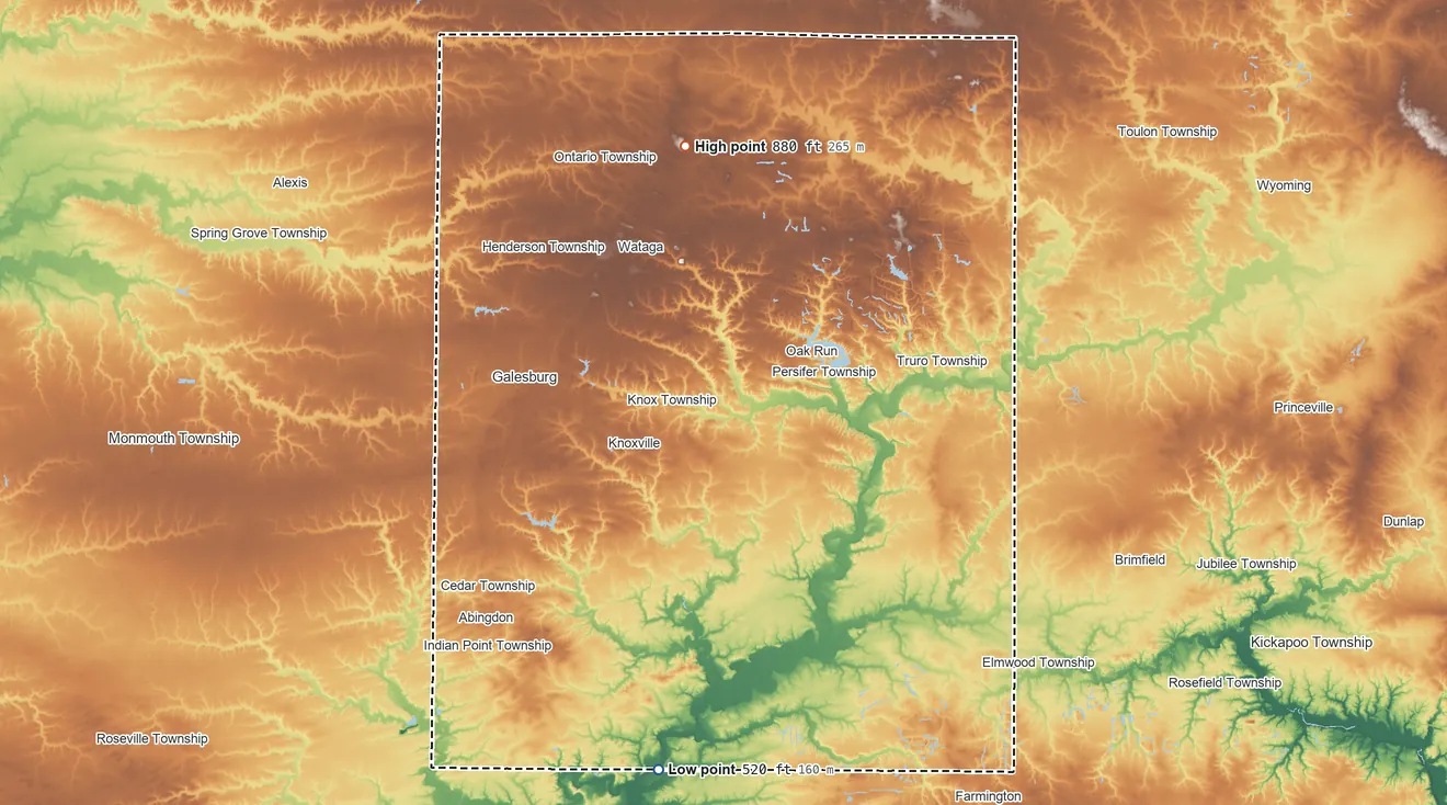 Topographic elevation map of Knox County, Illinois, shaded from 520 ft on the south side to 880 ft on Pilot Knob
