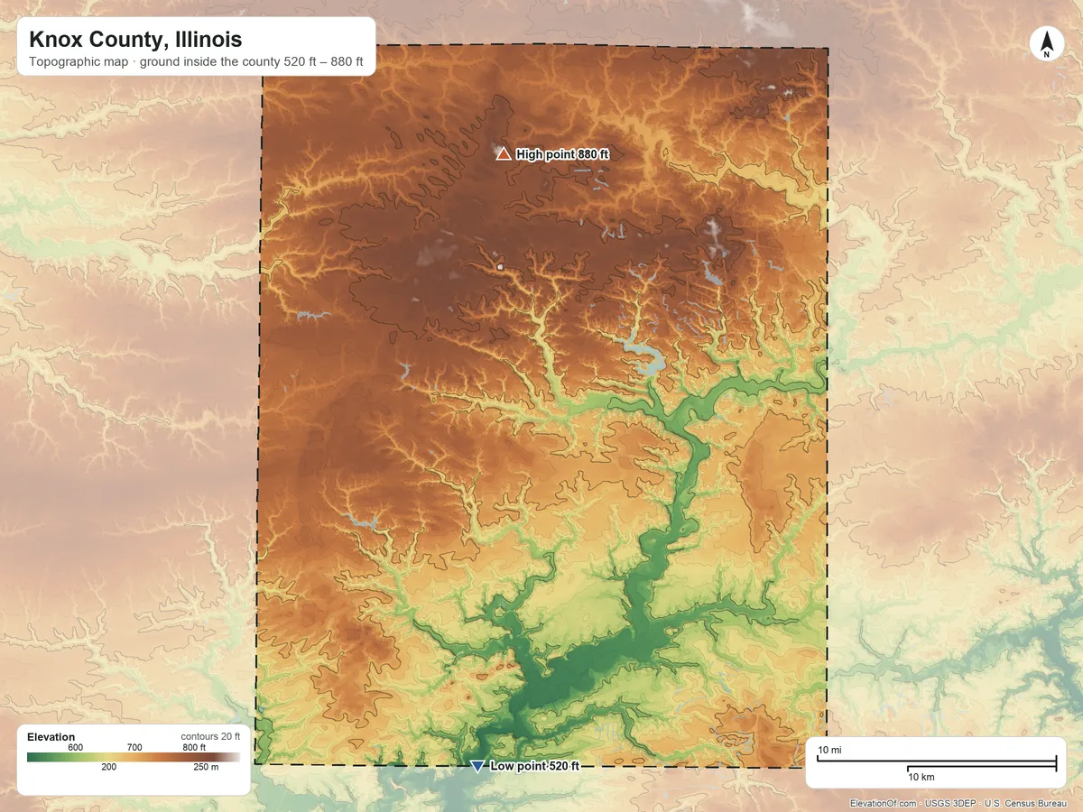 Topographic elevation map of Knox County, Illinois, shaded from 520 ft on the south side to 880 ft on Pilot Knob