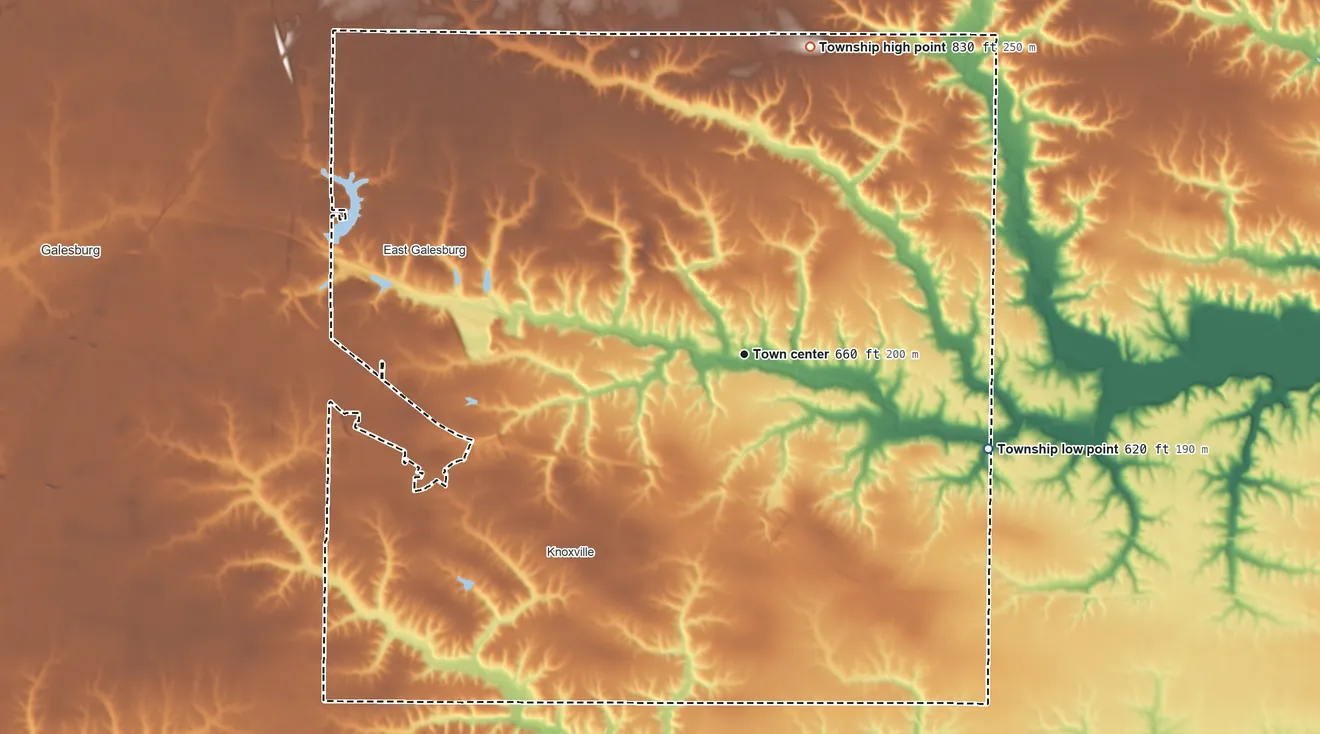 Topographic elevation map of Knox Township, Illinois, shaded from 620 ft on the east side to 830 ft on the north side