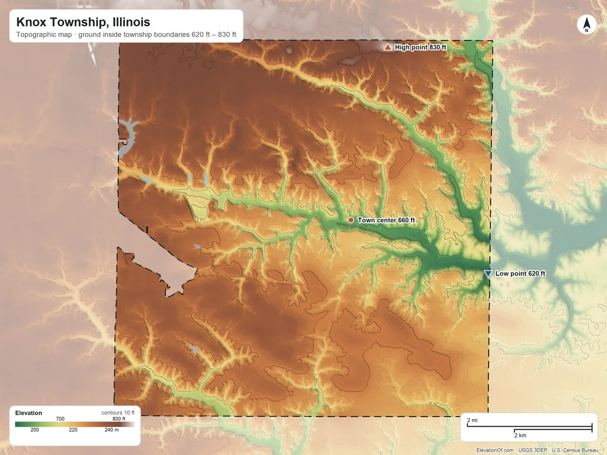 Topographic elevation map of Knox Township, Illinois, shaded from 620 ft on the east side to 830 ft on the north side