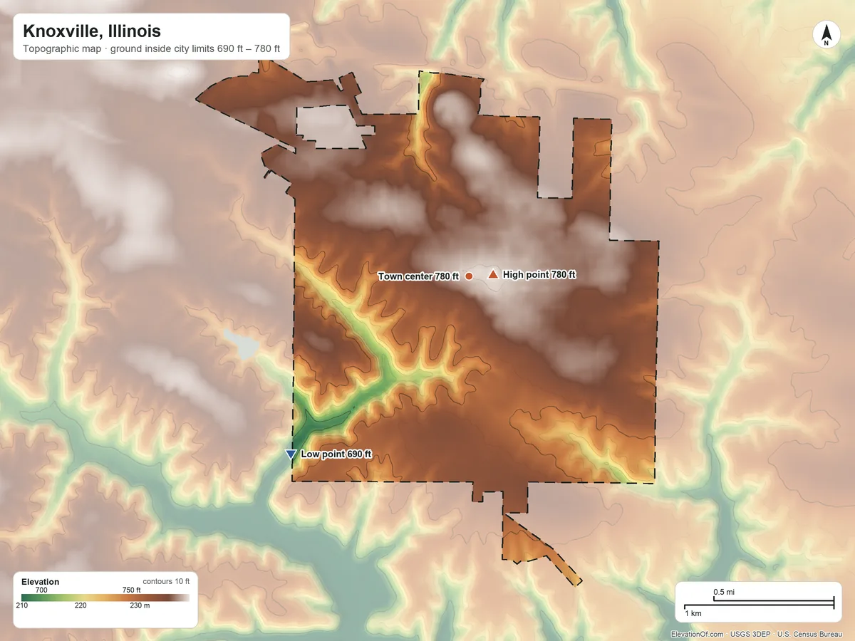 Topographic elevation map of Knoxville, Illinois, shaded from 690 ft on the southwest side to 780 ft near the middle