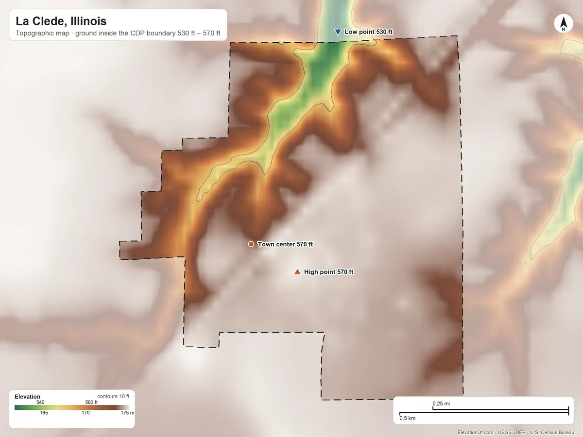 Topographic elevation map of La Clede, Illinois, shaded from 530 ft on the north side to 570 ft on the southeast side