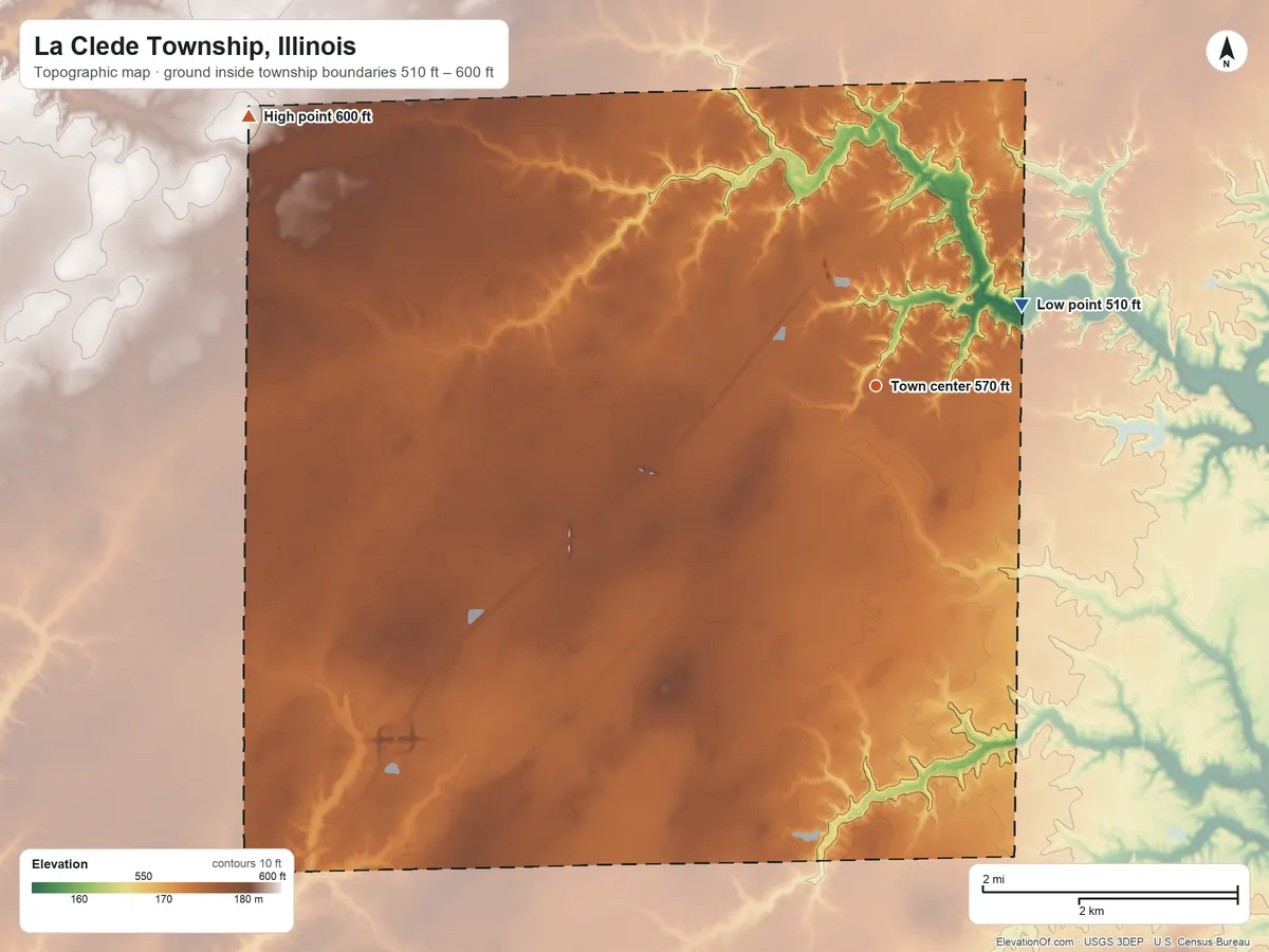 Topographic elevation map of La Clede Township, Illinois, shaded from 510 ft on the northeast side to 600 ft on the northwest side