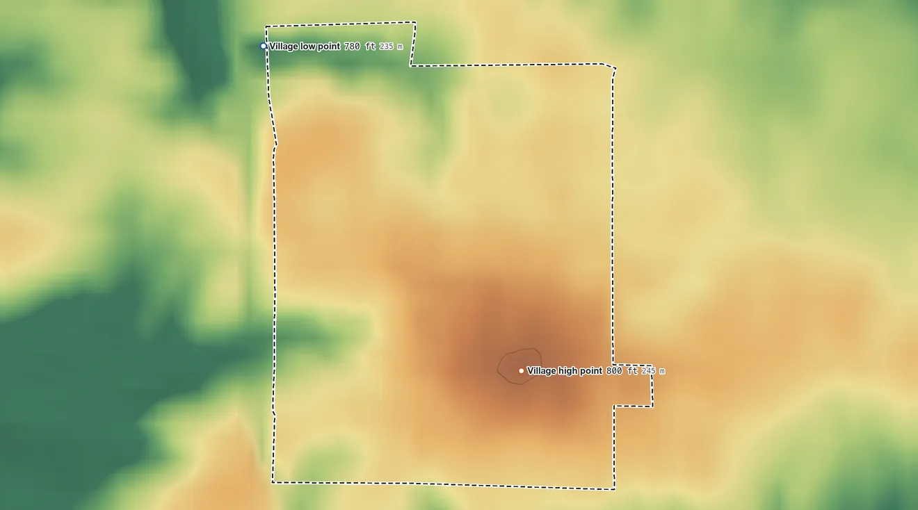 Topographic elevation map of La Fayette, Illinois, shaded from 780 ft on the northwest side to 800 ft on the southeast side