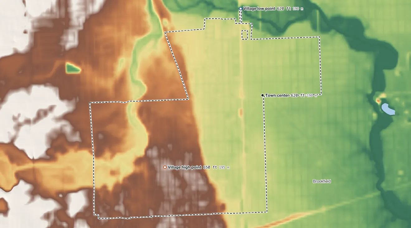 Topographic elevation map of La Grange Park, Illinois, shaded from 620 ft on the north side to 650 ft on the southwest side