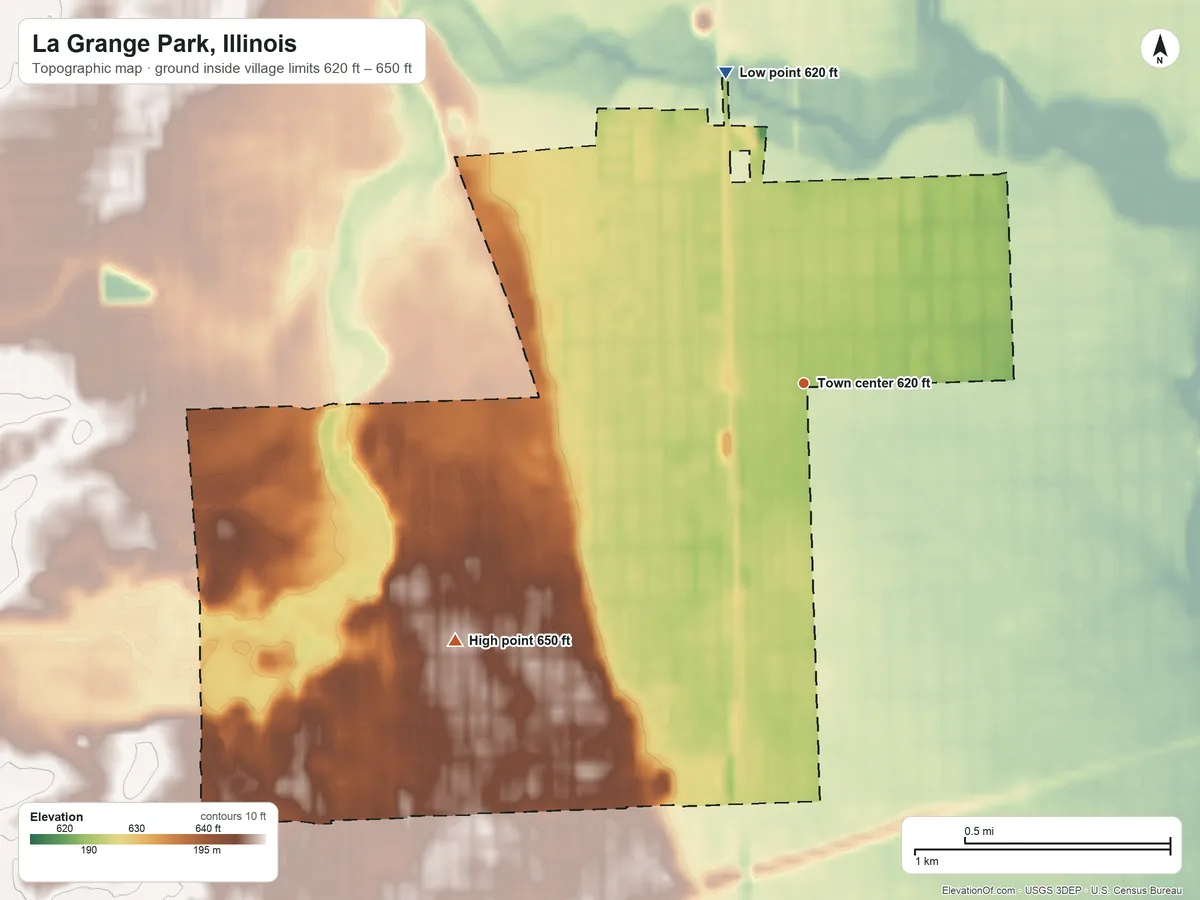 Topographic elevation map of La Grange Park, Illinois, shaded from 620 ft on the north side to 650 ft on the southwest side