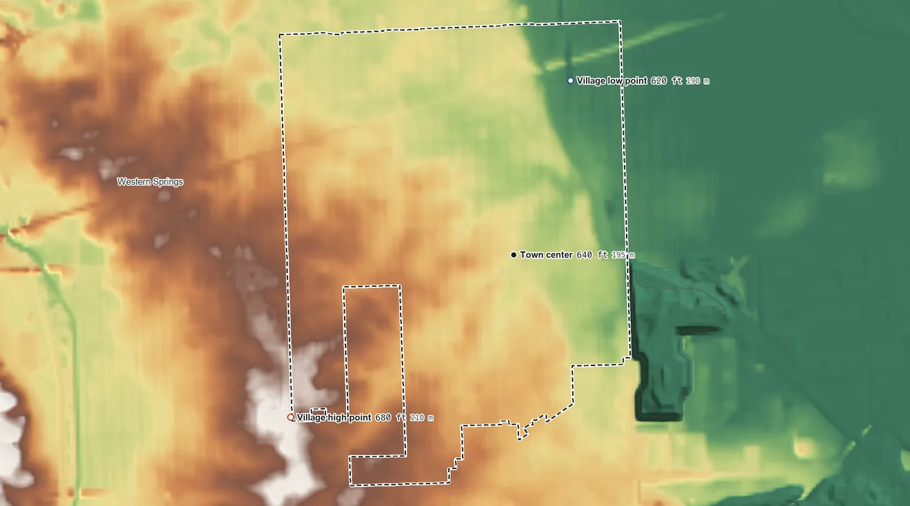 Topographic elevation map of La Grange, Illinois, shaded from 620 ft on the north side to 680 ft on the southwest side