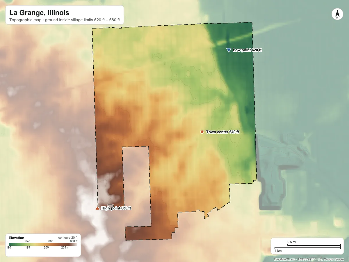 Topographic elevation map of La Grange, Illinois, shaded from 620 ft on the north side to 680 ft on the southwest side
