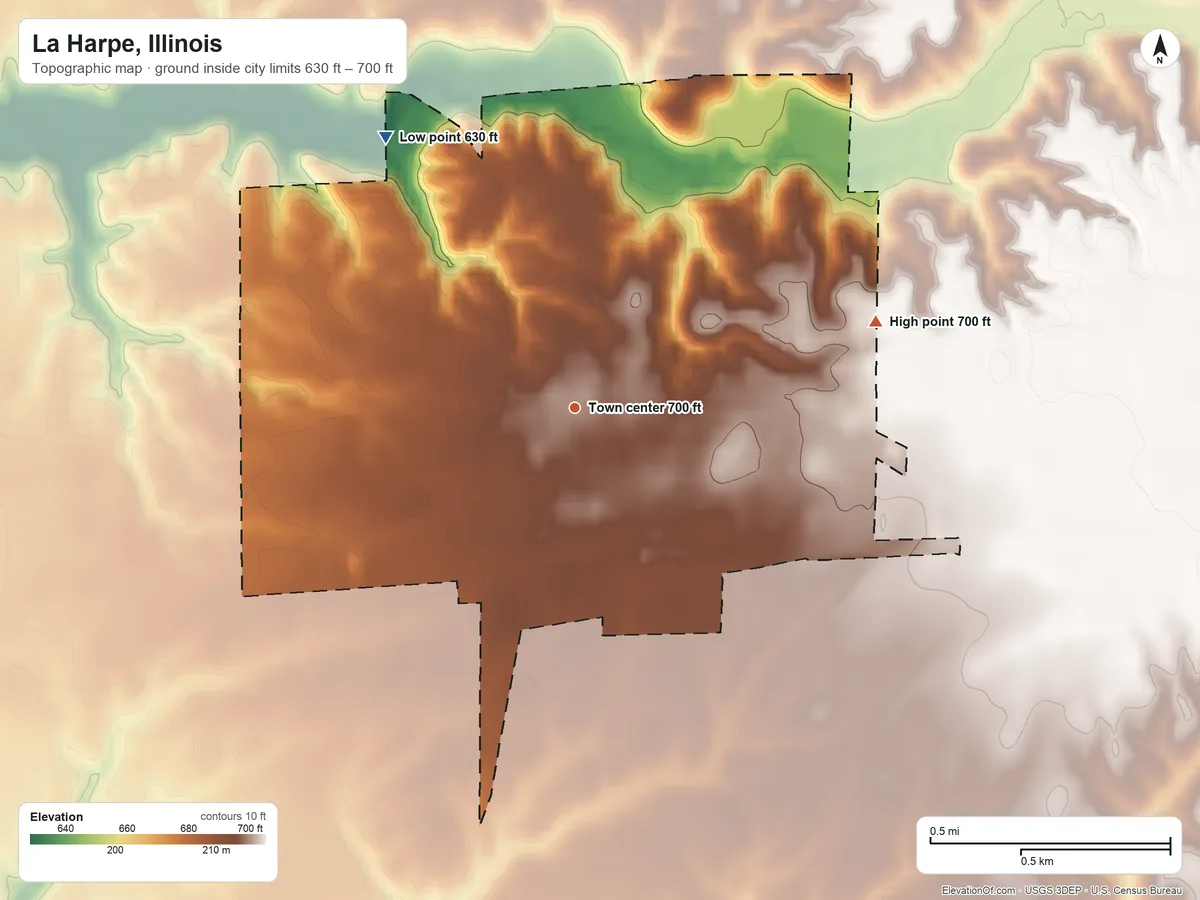 Topographic elevation map of La Harpe, Illinois, shaded from 630 ft on the northwest side to 700 ft on the east side