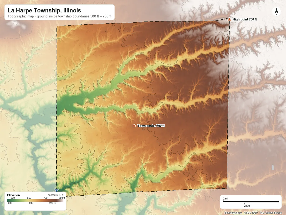 Topographic elevation map of La Harpe Township, Illinois, shaded from 580 ft on the southwest side to 750 ft on the northeast side