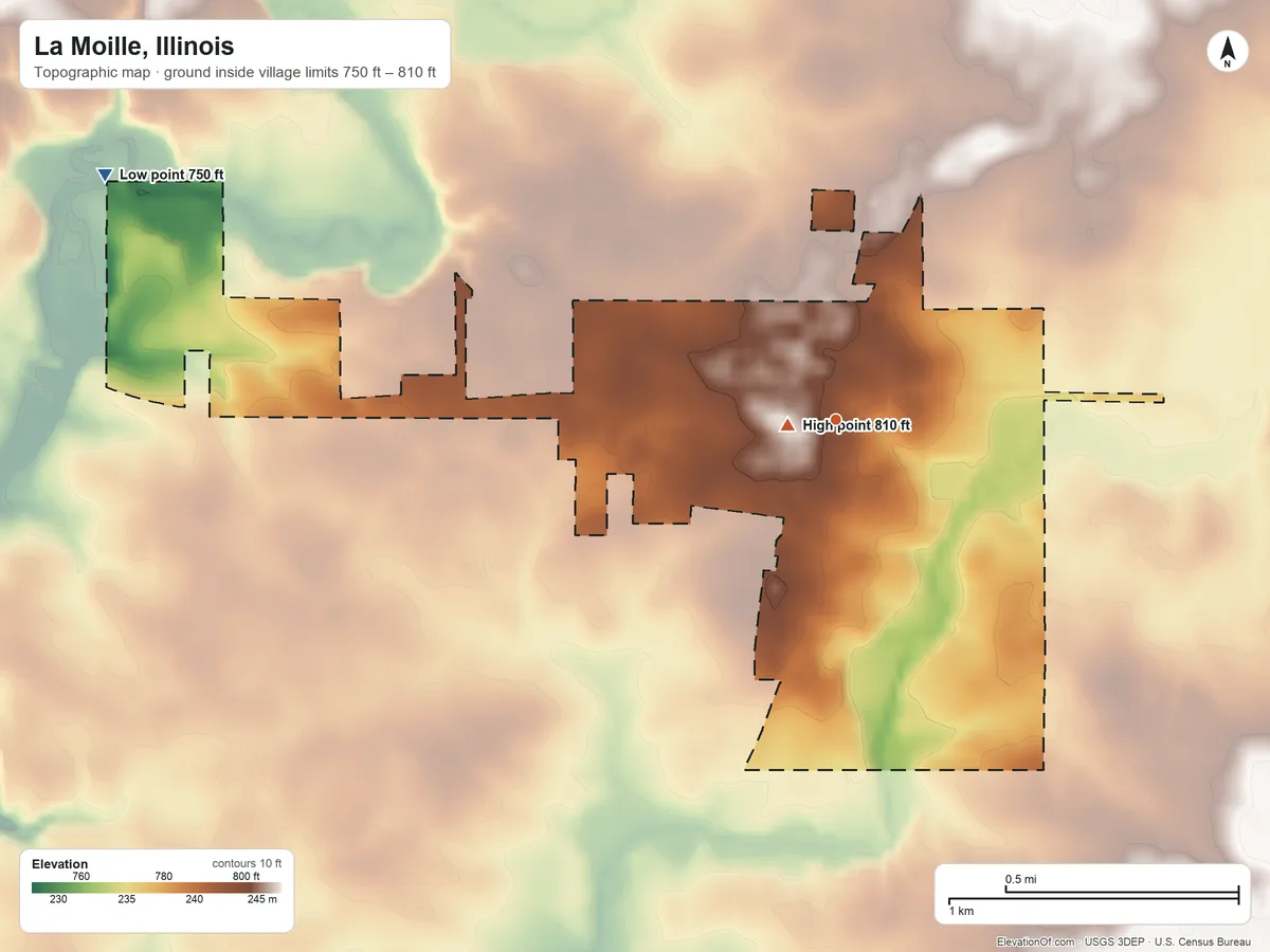 Topographic elevation map of La Moille, Illinois, shaded from 750 ft on the west side to 810 ft near the middle