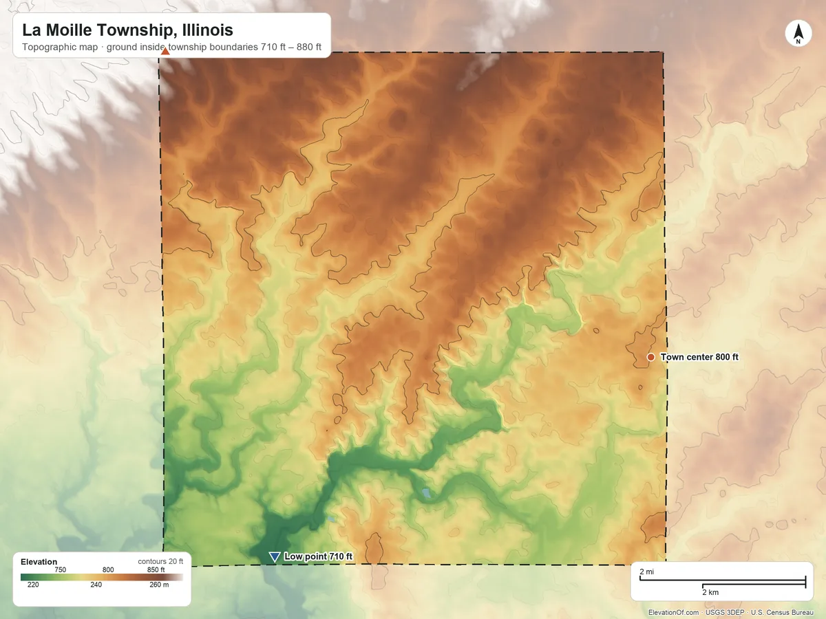 Topographic elevation map of La Moille Township, Illinois, shaded from 710 ft on the southwest side to 880 ft on the northwest side