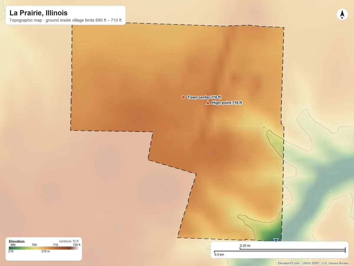 Topographic elevation map of La Prairie, Illinois, shaded from 690 ft on the southeast side to 710 ft near the middle