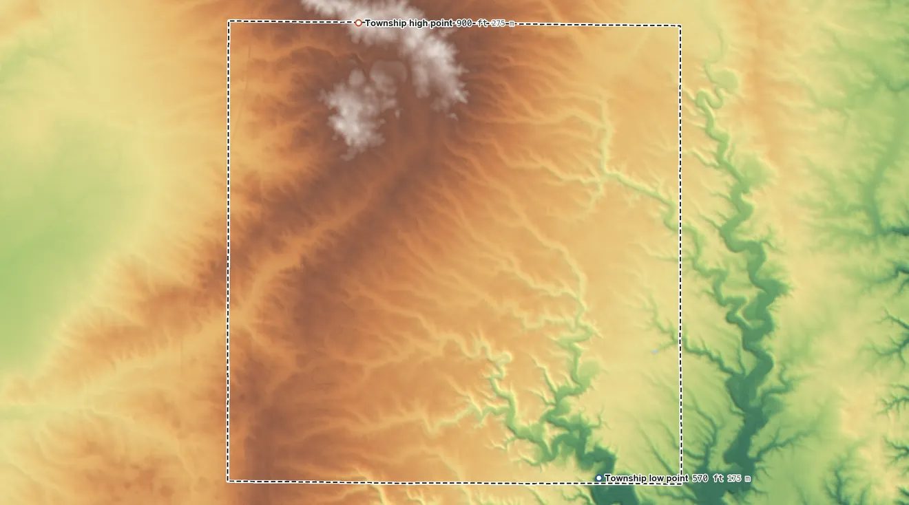Topographic elevation map of La Prairie Township, Illinois, shaded from 570 ft on the southeast side to 900 ft on the northwest side