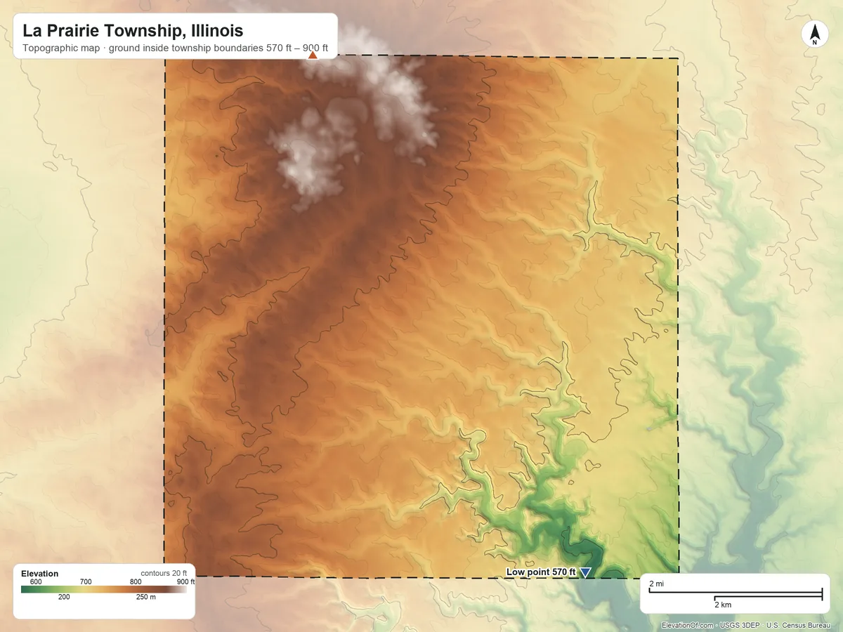 Topographic elevation map of La Prairie Township, Illinois, shaded from 570 ft on the southeast side to 900 ft on the northwest side