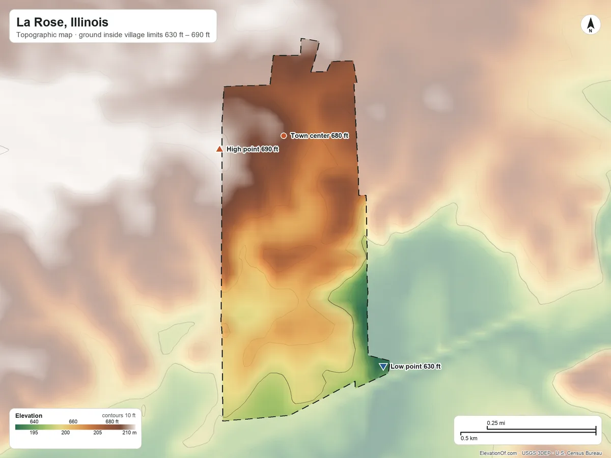 Topographic elevation map of La Rose, Illinois, shaded from 630 ft on the southeast side to 690 ft on the west side