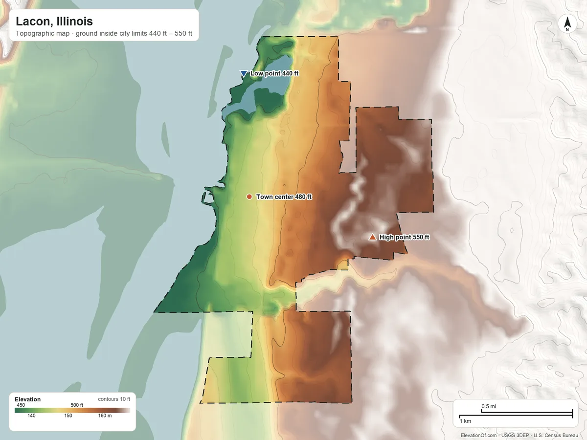 Topographic elevation map of Lacon, Illinois, shaded from 440 ft on the north side to 550 ft on the east side