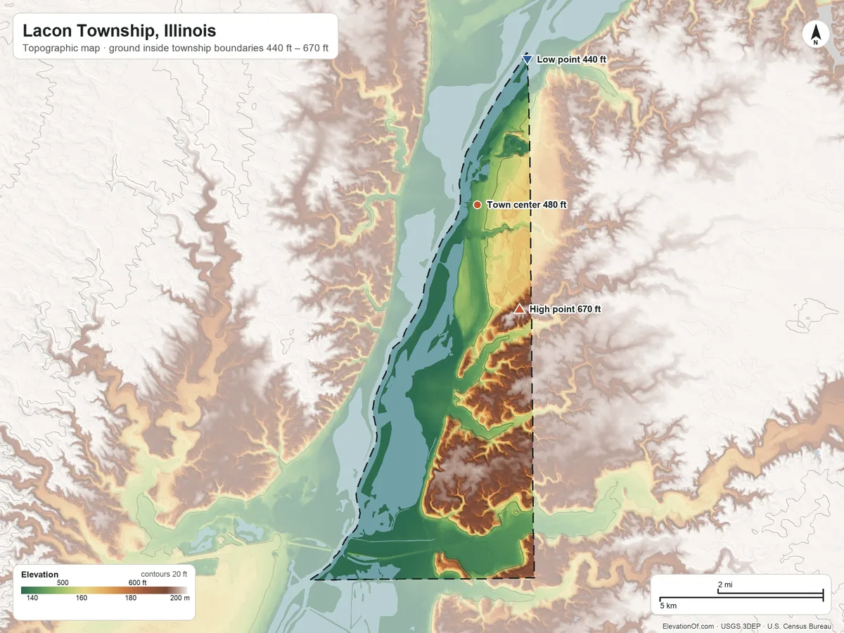Topographic elevation map of Lacon Township, Illinois, shaded from 440 ft on the north side to 670 ft on the south side