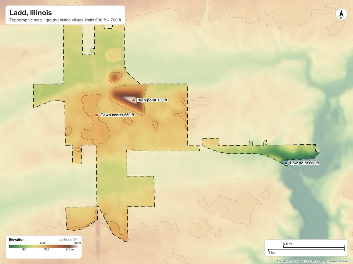 Topographic elevation map of Ladd, Illinois, shaded from 600 ft on the east side to 700 ft on the east side