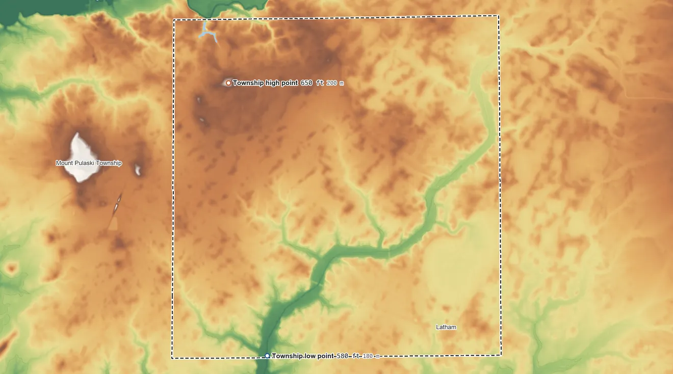 Topographic elevation map of Laenna Township, Illinois, shaded from 580 ft on the southwest side to 650 ft on the northwest side
