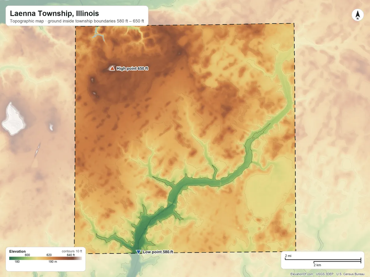 Topographic elevation map of Laenna Township, Illinois, shaded from 580 ft on the southwest side to 650 ft on the northwest side