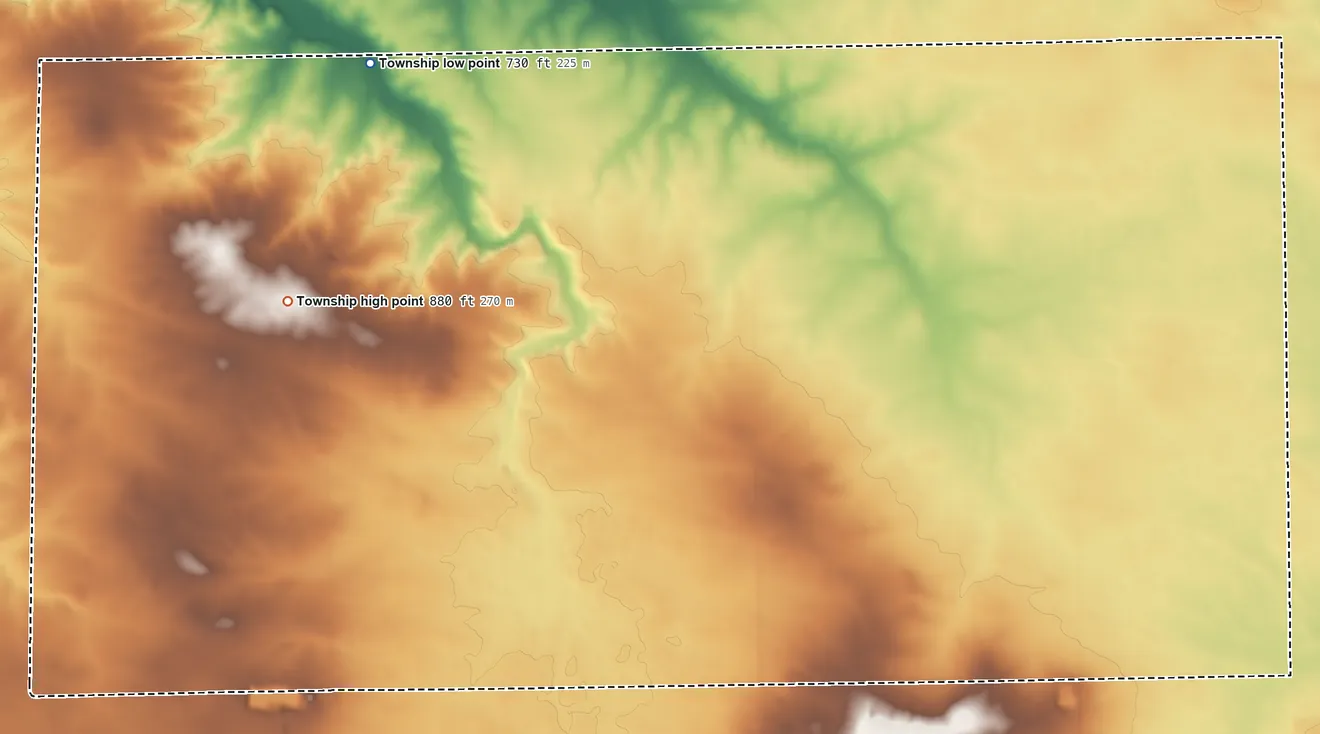 Topographic elevation map of Lafayette Township, Ogle County, Illinois, shaded from 730 ft on the northwest side to 880 ft on the west side