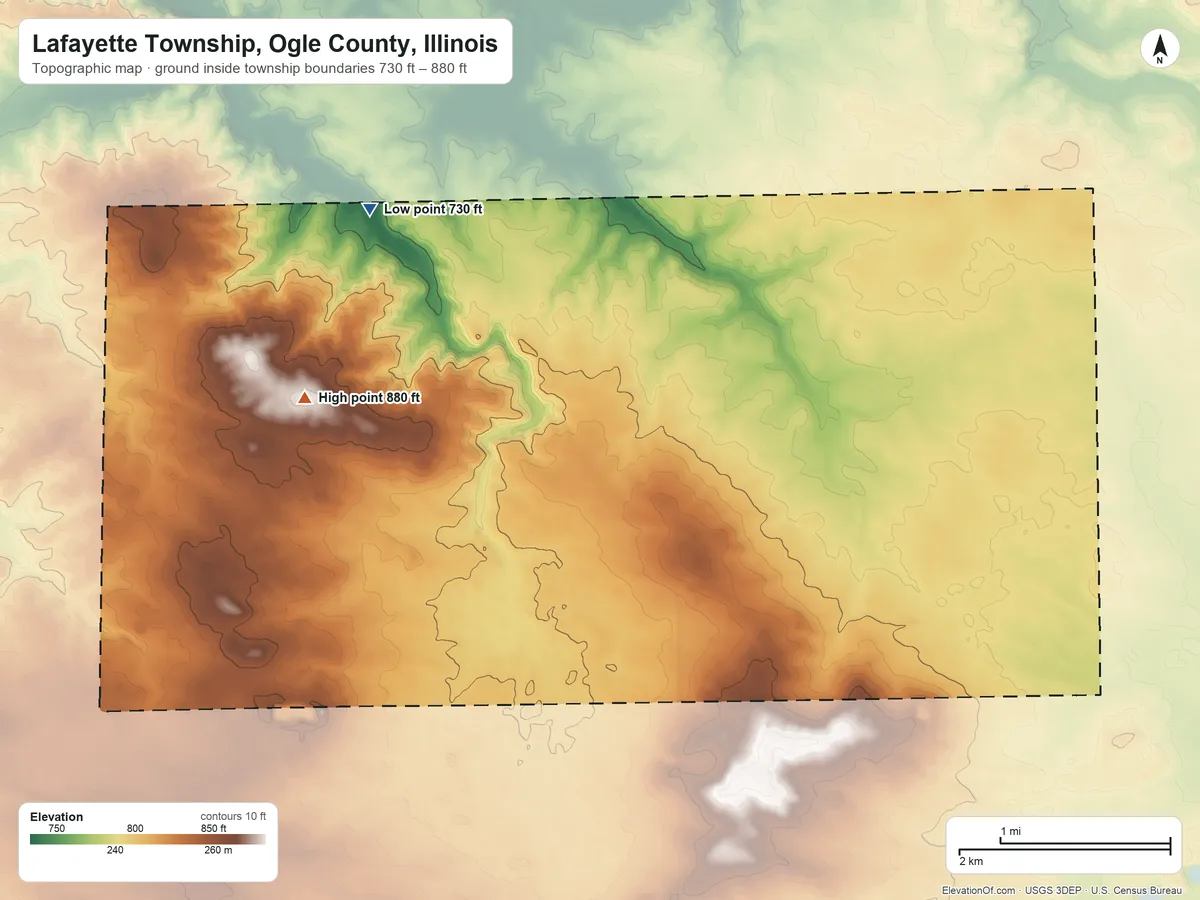 Topographic elevation map of Lafayette Township, Ogle County, Illinois, shaded from 730 ft on the northwest side to 880 ft on the west side