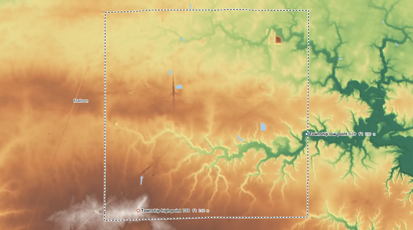 Topographic elevation map of Lafayette Township, Illinois, shaded from 620 ft on the east side to 780 ft on the south side