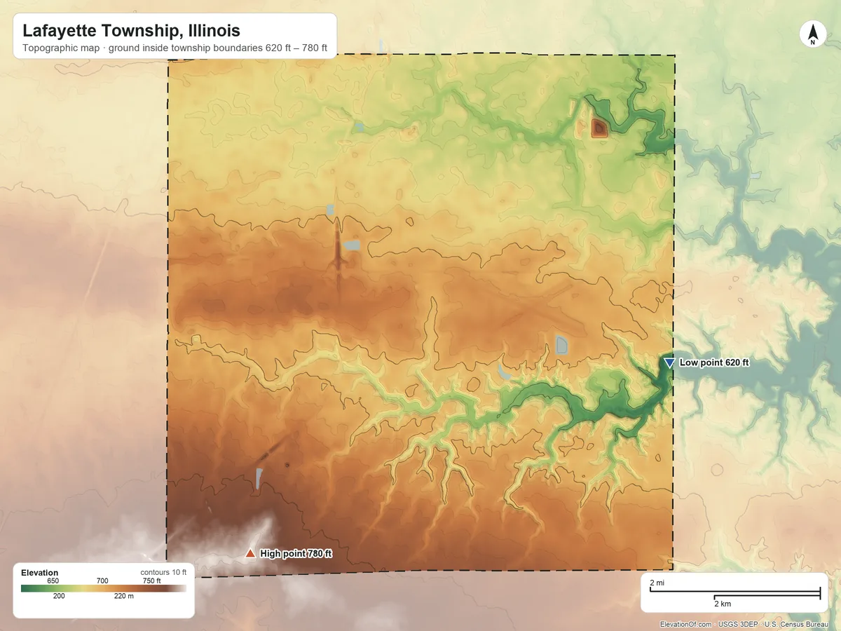Topographic elevation map of Lafayette Township, Illinois, shaded from 620 ft on the east side to 780 ft on the south side