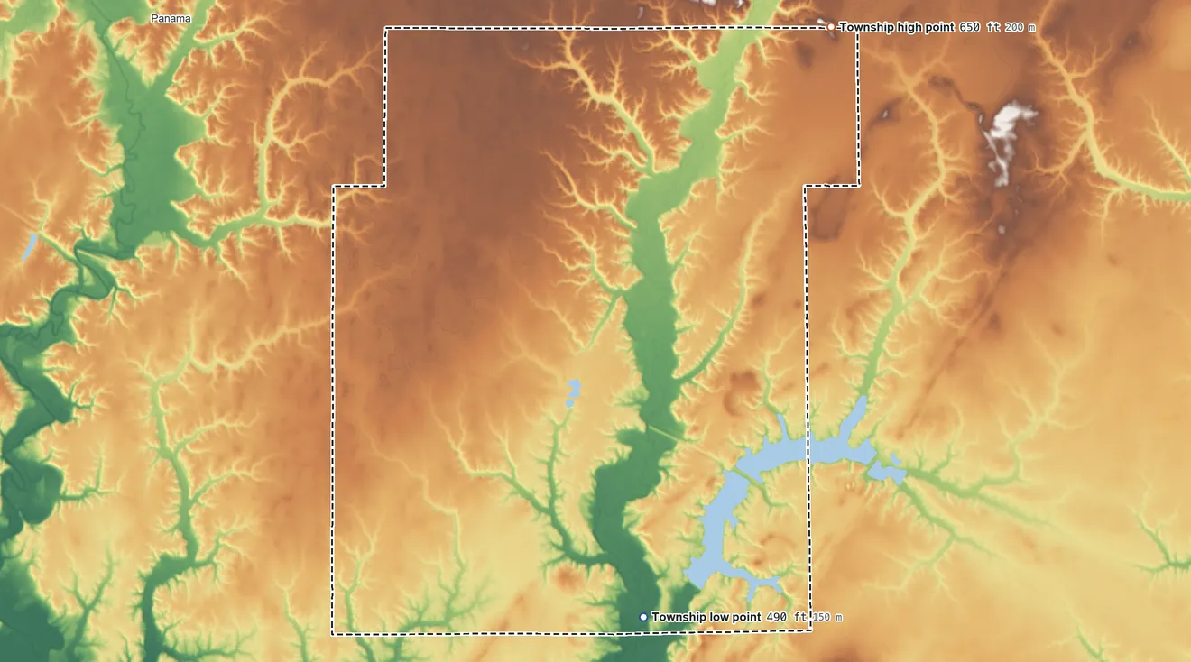 Topographic elevation map of Lagrange Township, Illinois, shaded from 490 ft on the south side to 650 ft on the north side