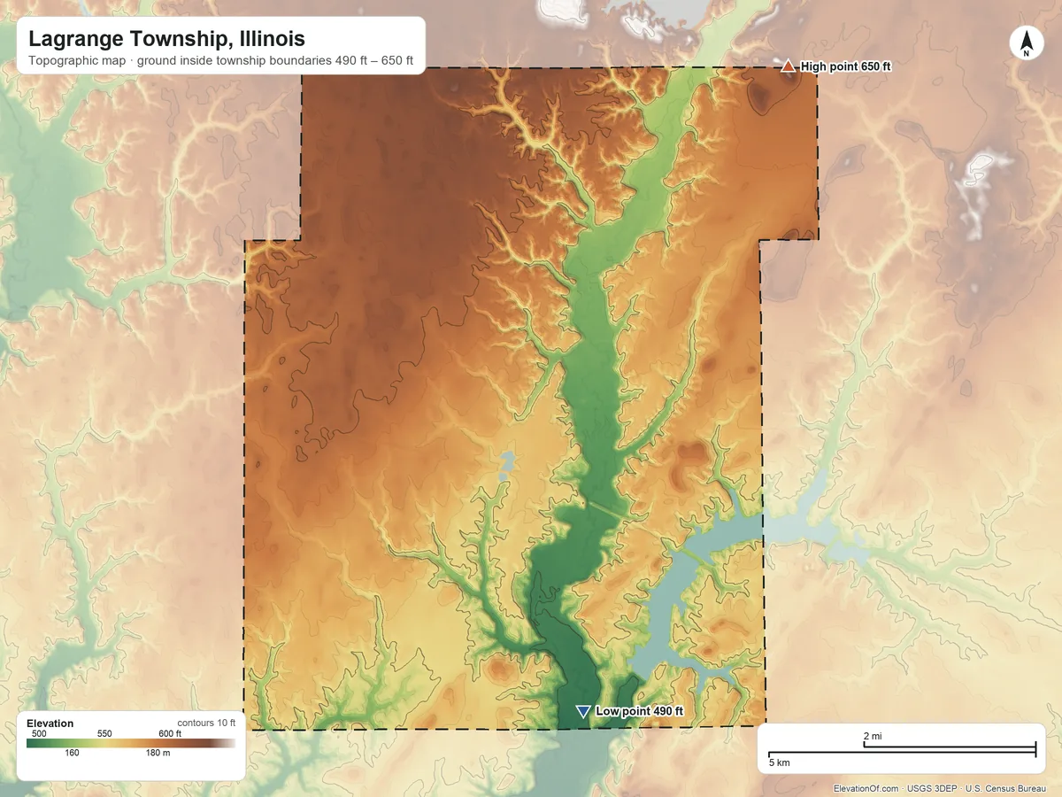 Topographic elevation map of Lagrange Township, Illinois, shaded from 490 ft on the south side to 650 ft on the north side
